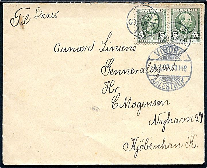 5 øre Chr. IX i parstykke på brev annulleret med stjernestempel SKALS og sidestemplet bureau Viborg - Aalestrup T.1148 d. 4.3.1907 til København.