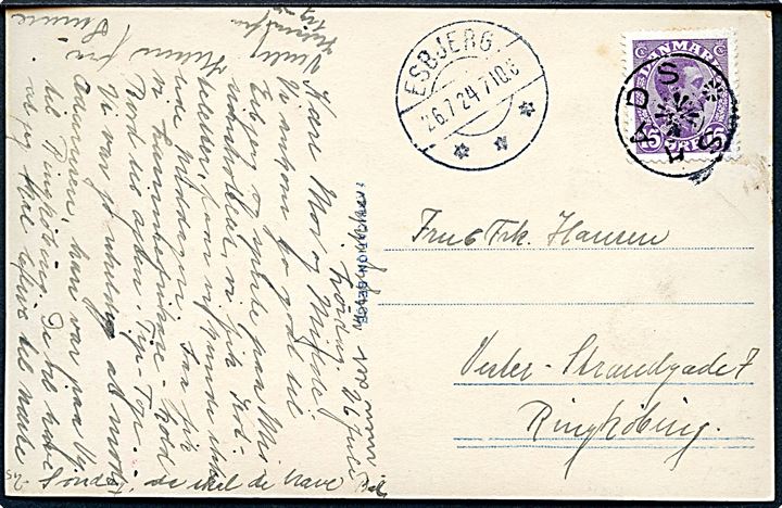 15 øre Chr. X på brevkort annulleret med stjernestempel SKADS og sidestemplet Esbjerg d. 26.7.1924 til Ringkøbing.