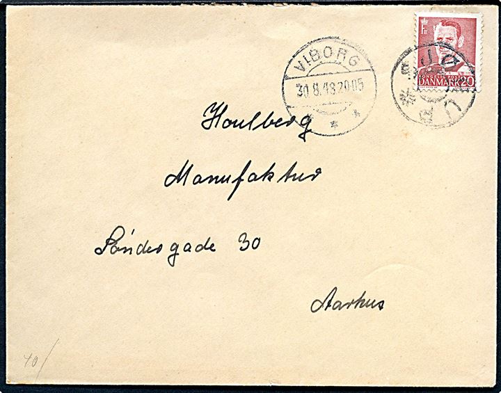 20 øre Fr. IX på brev annulleret med udslebet stjernestempel SJØRUP og sidestemplet Viborg d. 31.8.1948 til Aarhus.