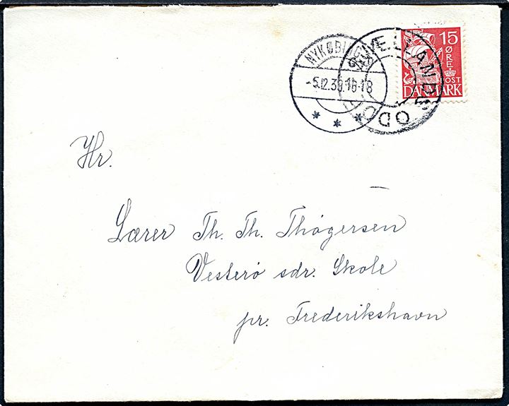 15 øre Karavel på brev annulleret med udslebet stjernestempel SJÆLLANDS ODDE og sidestemplet Nykøbing S. d. 5.12.1939 til Vesterø (Læsø) pr. Frederikshavn.