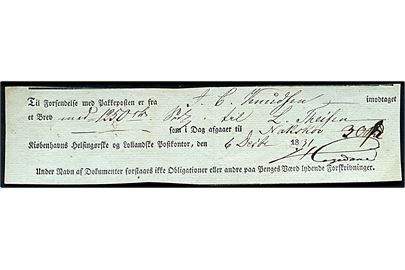 Fortrykt postkvittering fra Kiøbenhavns Helsingørske og Lollandske Postkontor d. 6.12.1831 for indleveret værdibrev til befordring med Pakeposten til Nakskov.