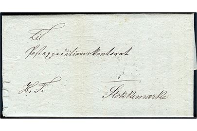 1827. Cirkulære fra Generalpostdirectionen i Kjøbenhavn d. 23.6.1827 sendt som tjenestebrev til Stokkemarke Postekspeditionskontor. På bagsiden sort 2-ringsstempel General Post Direction / Posthorn.