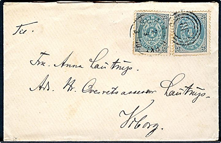 4 øre Tofarvet 15. tryk (2) på brev annulleret med svagt kombineret nr.stempel 86/Sjæll. JB.PKT. d. 2.3.(1880) til Viborg.