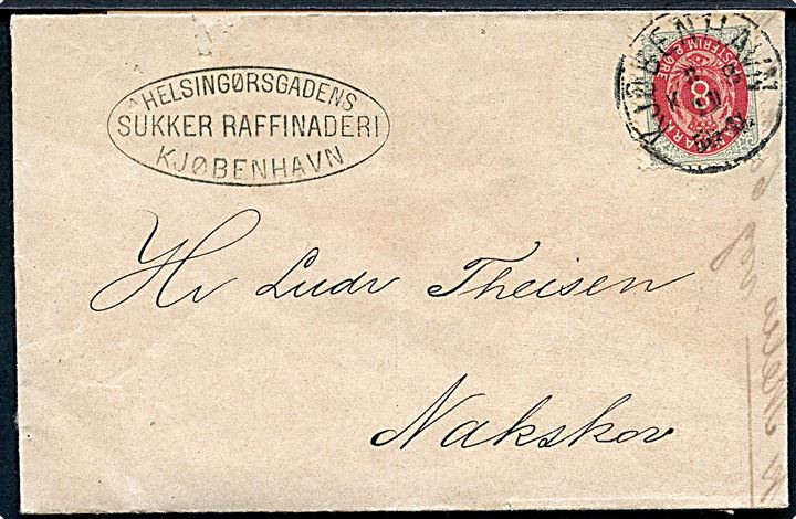 8 øre Tofarvet 9. tryk på brev fra Kjøbenhavn d. 7.11.1877 til Nakskov.