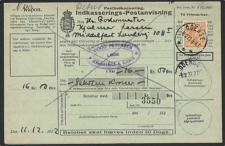 30 øre Chr. X single på lokal retur Indkasserings-Postanvisning i Odense d. 8.12.1922. Retur som modtagelse nægtet.