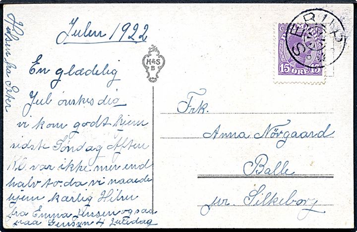 15 øre Chr. X på julekort fra 1922 annulleret med stjernestempel SERUP til Balle pr. Silkeborg.