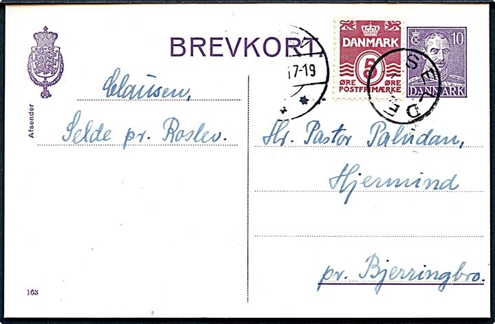 10 øre Chr. X helsagsbrevkort (fabr. 163) opfrankeret med 5 øre Bølgelinie dateret d. 8.10.1948 annulleret med udslebet stjernestempel SELDE og sidestemplet Roslev til Bjerringbro.