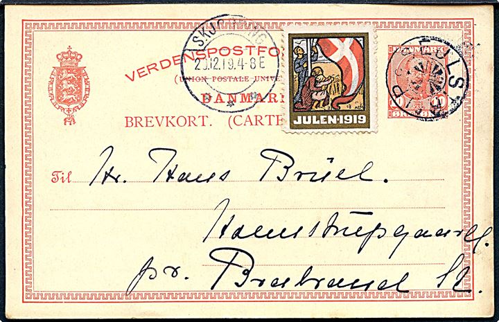 10 øre Fr. VIII helsagsbrevkort med Julemærke 1919 annulleret med stjernestempel SEJLSTRUP og sidestemplet Skjørping d. 20.12.1919 til Brabrand.
