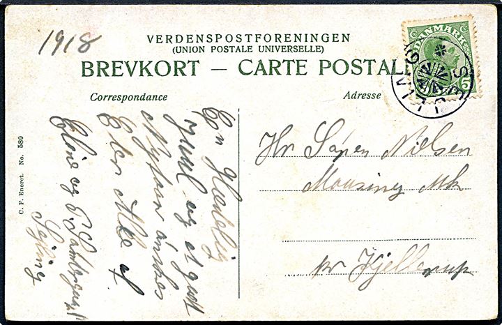 5 øre Chr. X på julekort (1918) annulleret med stjernestempel SEJLING til Hjallerup.
