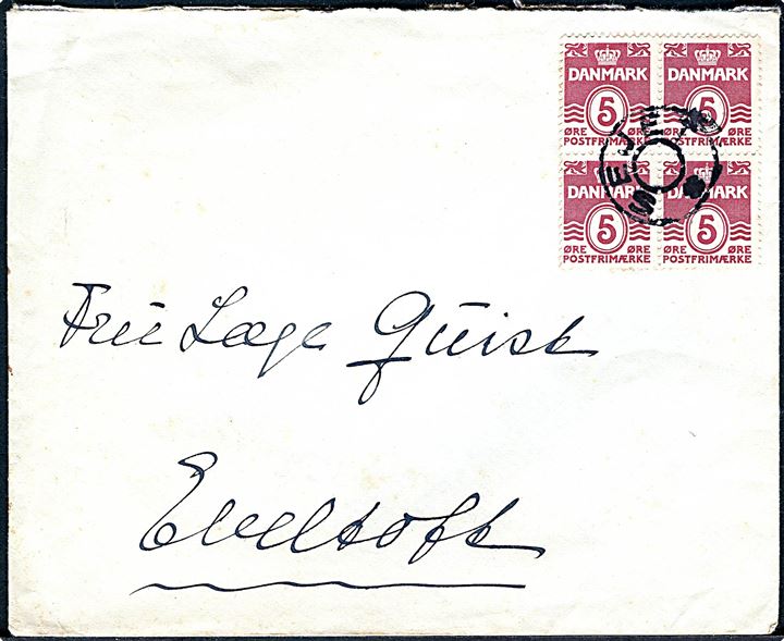 5 øre Bølgelinie i parstykke på brev fra 1940'erne annulleret med udslebet stjernestempel SEJET (type II) til Ebeltoft.