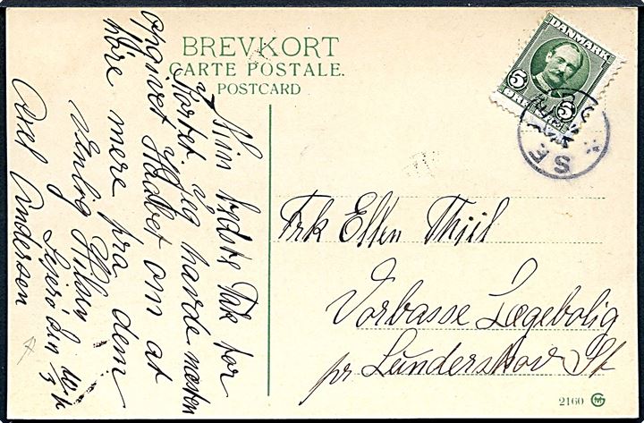 5 øre Fr. VIII på brevkort dateret d. 10.3.1910 og annulleret med stjernestempel SEJERØ til Lunderskov.