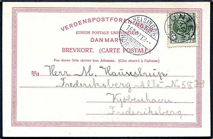 5 øre Fr. VIII på brevkort annulleret med stjernestempel SAUNTE og sidestemplet bureau Helsingør - Hornbæk T.8 d. 15.8.1907 til Kjøbenhavn.