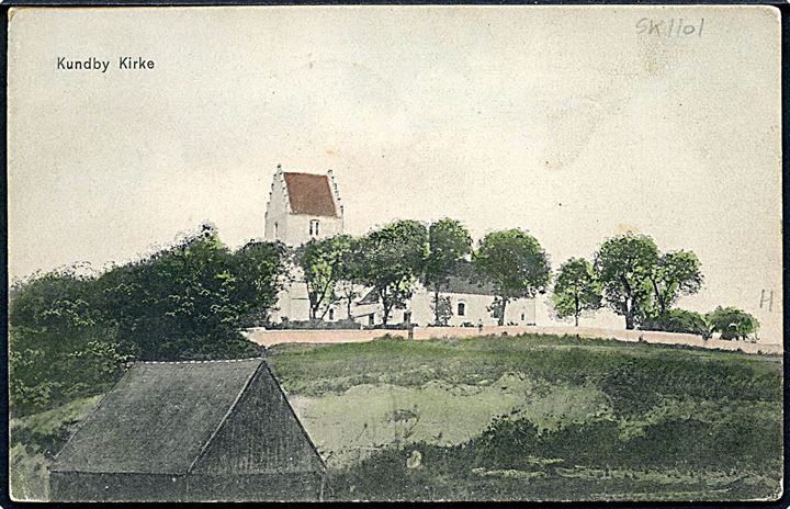 5 øre Chr. IX på brevkort (Kundby kirke) annulleret med stjernestempel SANDBY og sidestemplet bureau Nykjøbing S. - Holbæk T.2 d. 14.11.1906 til Mariager.