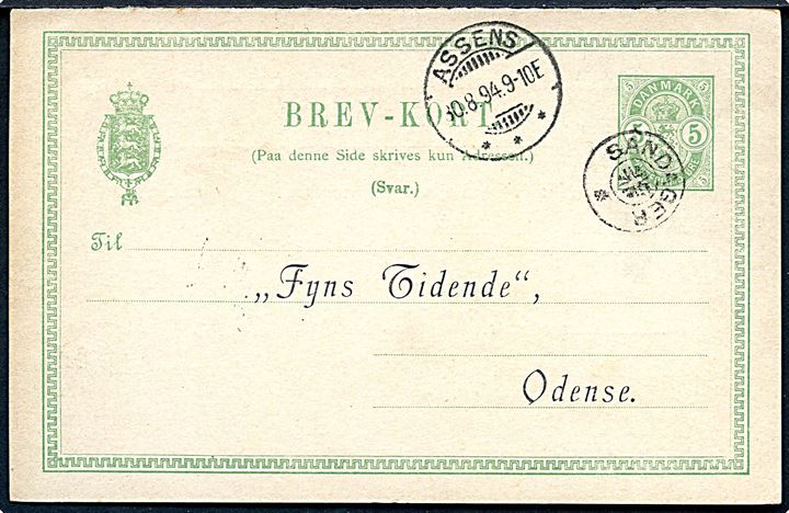 5 øre Våben svardel af dobbelt helsagsbrevkort med valgresultater for Valgmandsvalget annulleret med stjernestempel SANDAGER (type I) og sidestemplet Assens d. 30.8.1894 til Fyns Tidende, Odense.