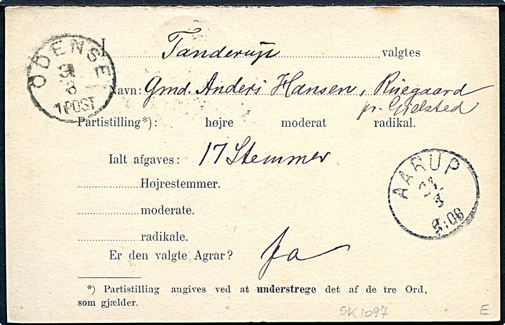 5 øre Våben svardel af dobbelt helsagsbrevkort med valgresultater for Valgmandsvalget annulleret med stjernestempel SANDAGER (type I) og sidestemplet Assens d. 30.8.1894 til Fyns Tidende, Odense.