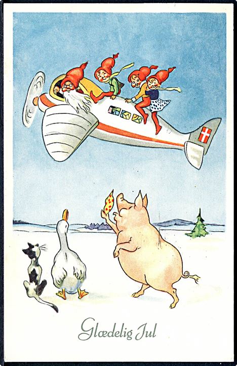 Glædelig Jul. Dyr vinker farvel til nisserne på Fly. S. 473 / A 9102. A 3 / 103 / 64. 