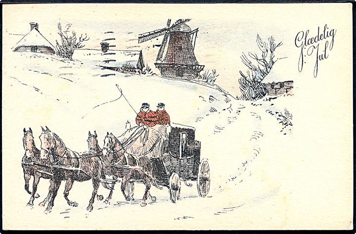 Glædelig Jul. Hestevogn med Mølle i baggrunden. U/no. Julemærke. 