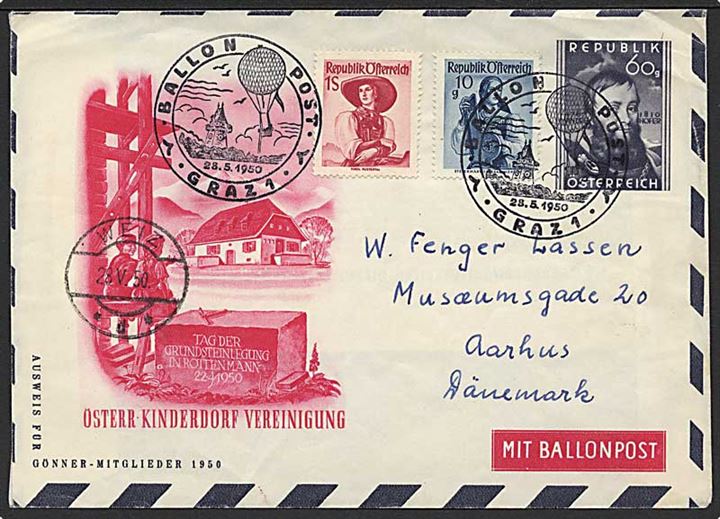 60 g. illustreret Østerr. Kinderdorf Ballonpost helsagskuvert opfrankeret 1,10 s. og annulleret med særstempel Ballonpost Graz d. 28.5.1950 til Aarhus, Danmark.