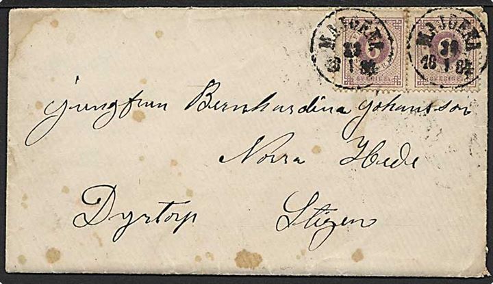 6 öre Ring-type (2) på brev stemplet Majorna d. 23.1.1884 til Stigen. 