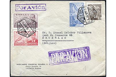 2 pts. Franco, 25 cts., 50 cts. og 1 pta. Luftpost på luftpostbrev fra Valencia d. 2.6.1941 til Bruxelles, Belgien. Lokal spansk censor og åbnet af tysk censur i München.
