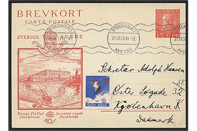 10 öre Gustaf illustreret helsagsbrevkort fra Stockholm d. 21.12.1937 til København, Danmark.