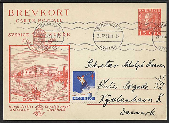 10 öre Gustaf illustreret helsagsbrevkort fra Stockholm d. 21.12.1937 til København, Danmark.