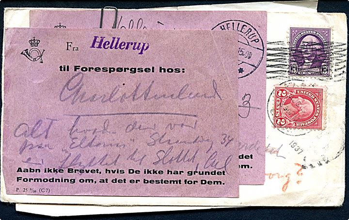 3 cents Washington på underfrankeret brev fra Fairfield d. 21.7.1937 returneret og opfrankeret med 2 cents d. 5.8.1937 til Hellerup, Danmark. Unøjagtig adresse og forespurgt flere gange i Hellerup og Charlottenlund.