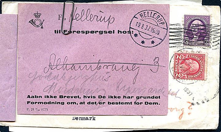 3 cents Washington på underfrankeret brev fra Fairfield d. 21.7.1937 returneret og opfrankeret med 2 cents d. 5.8.1937 til Hellerup, Danmark. Unøjagtig adresse og forespurgt flere gange i Hellerup og Charlottenlund.