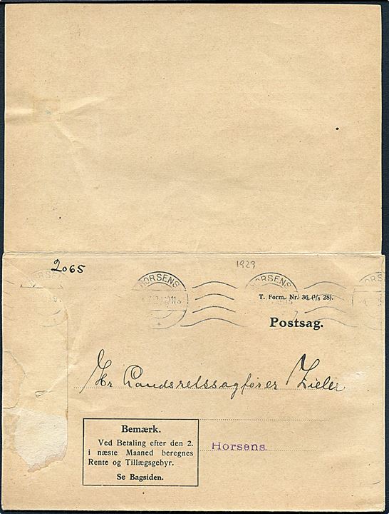 Postsag - T. Form. Nr. 36 (1/8 28) med vedhængende indbetalingskort sendt lokalt i Horsens d. 4.7.1929
