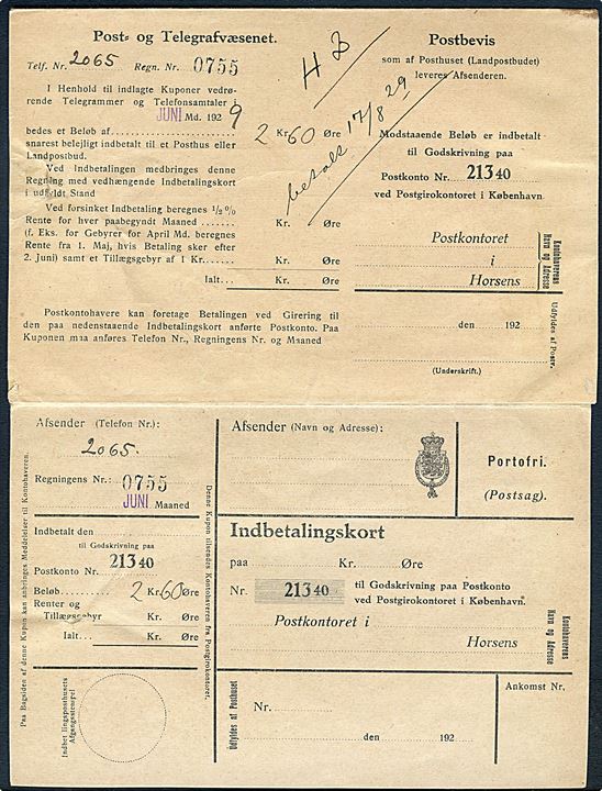 Postsag - T. Form. Nr. 36 (1/8 28) med vedhængende indbetalingskort sendt lokalt i Horsens d. 4.7.1929