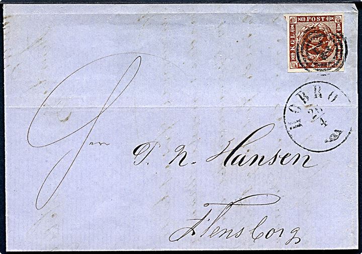 4 sk. 1858 udg. med bred rand på brev annulleret med nr.stempel 27 og sidestemplet antiqua Hobro d. 25.4.1863 til Flensburg. Del af bagside mangler.