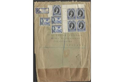 3d Elefant (3) og 1½d Elizabeth Kroning (5) på stort anbefalet brev fra Bathurst 1956 til København, Danmark.