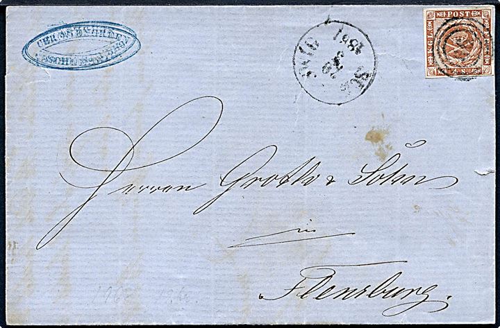 4 sk. 1858 udg. på brev annulleret med nr.stempel 66 og sidestemplet antiqua Schleswig d. 20.3.1861 til Flensburg.