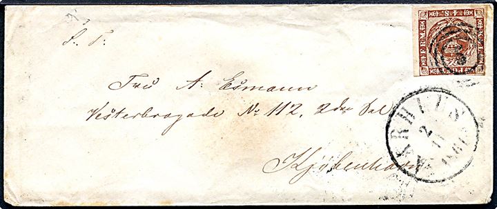 4 sk. 1858 udg. på brev annulleret med nr.stempel 5 og sidestemplet antiqua Aarhus d. 2.11.1861 til Kjøbenhavn.