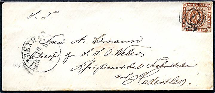 4 sk. 1858 udg. på brev annulleret med nr.stempel 1 og sidestemplet Kiøbenhavn d. 10.2.1861 til Fru A. Esmann, Adresse Hr. S.S.A. Weber, Christiansdal Fabrikker ved Haderslev.