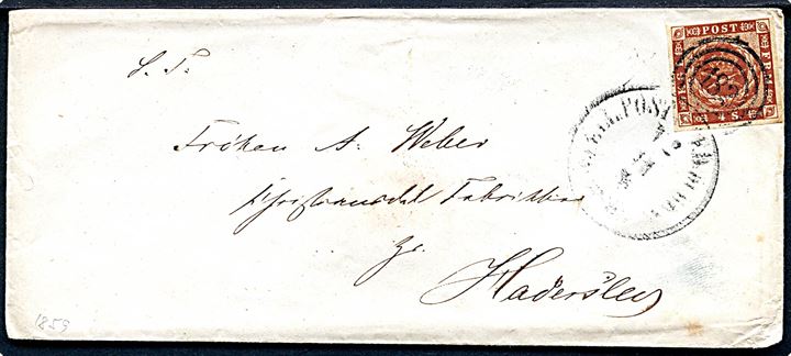 4 sk. 1854 udg. på brev annulleret med kombineret nr.stempel 182/Sjæll:Post:Sped:Bureau d. 11.6.1859 til Christiansdal Fabrikker pr. Haderslev.