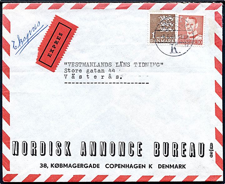 30 øre Fr. IX og 1 kr. Rigsvåben på luftpost ekspresbrev fra København d. 9.5.1961 til Västerås, Sverige.