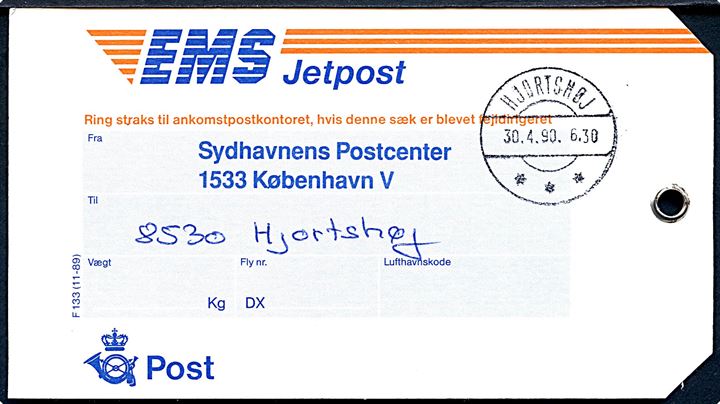 EMS Jetpost manilamærke - F133 (11-89) fra Sydhavnens Postcenter til Hjortshøj. Ank.stemplet Hjortshøj d. 30.4.1990.