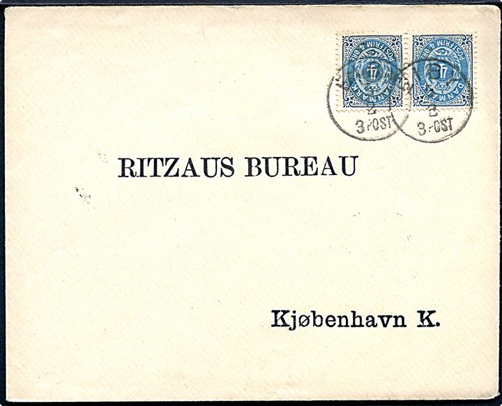 4 øre Tofarvet i parstykke på brev annulleret med lapidar Eiby d. 5.2.1895 til Ritzaus Bureau, Kjøbenhavn.