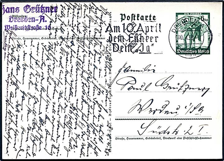 Tyskland. Ein Volk Ein Reich Ein Führer. 6 pfg. illustreret helsagsbrevkort fra Dresden 1938.