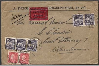 10 öre Løve (5) og 15 öre Gustaf på ekspresbrev fra Malmö d. 28.11.1930 til København, Danmark.