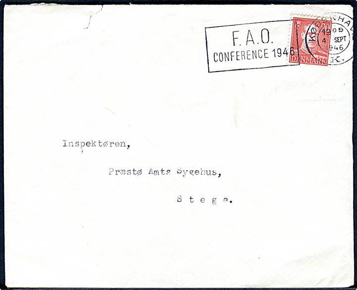 20 øre Chr. X på fortrykt kuvert fra Grønlands Styrelse annulleret med TMS F.A.O. Conference 1946/København K. d. 4.9.1946 til Stege.