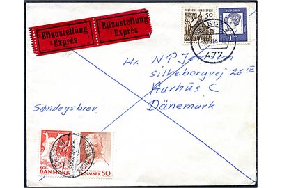 Tysk 1,50 mk. på ekspresbrev og Søndagsbrev fra Soest d. 3.9.1965 med dansk 50 øre Carl Nielsen og 50+10 øre Børnenes Kontor annulleret med dansk bureaustempel Fredericia - Padborg T.955 d. 4.9.1965 til Aarhus, Danmark. 