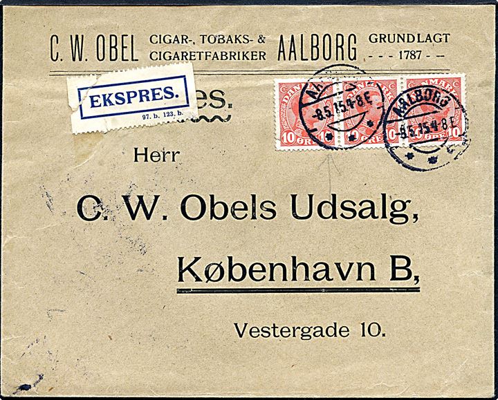 10 øre Chr. X i 3-stribe på ekspresbrev fra Aalborg d. 8.5.1915 til København.