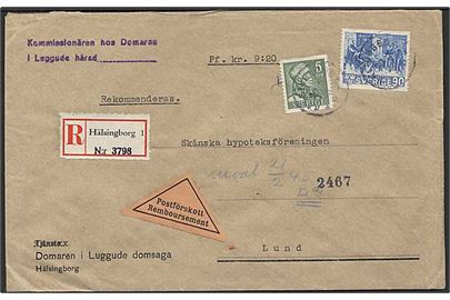5 öre Gustaf og 90 öre Bibeloversættelse på anbefalet brev med opkrævning fra Hälsingborg d. 20.2.1943 til Lund.