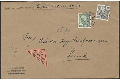 5 öre og 50 öre Gustaf på brev med opkrævning fra Malmö d. 5.2.1944 til Lund.
