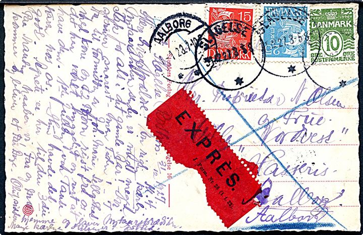 10 øre Bølgelinie, 15 øre og 25 øre Karavel på ekspres brevkort fra Slagelse d. 31.12.1927 til Aalborg. Ank.stemplet d. 1.1.1928.