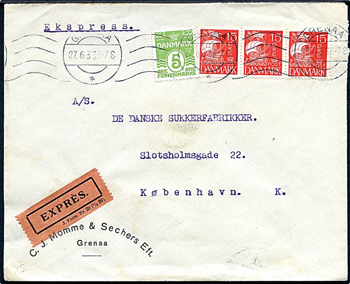 5 øre Bølgelinie og 15 øre Karavel (3-stribe) på ekspresbrev fra Grenaa d. 27.6.1933 til København.