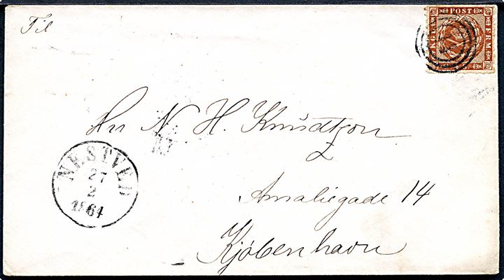 4 sk. stukken kant på brev annulleret med nr.stempel 44 og sidestemplet antiqua Nestved d. 27.2.1864 til Kjøbenhavn.