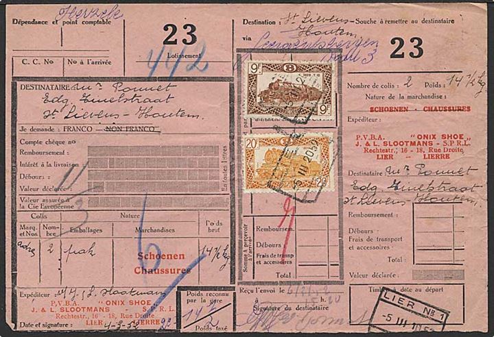 9 f. og 20 f. Jernbanefragtmærker på fragtbrev for pakke fra Lier d. 5.3.1952